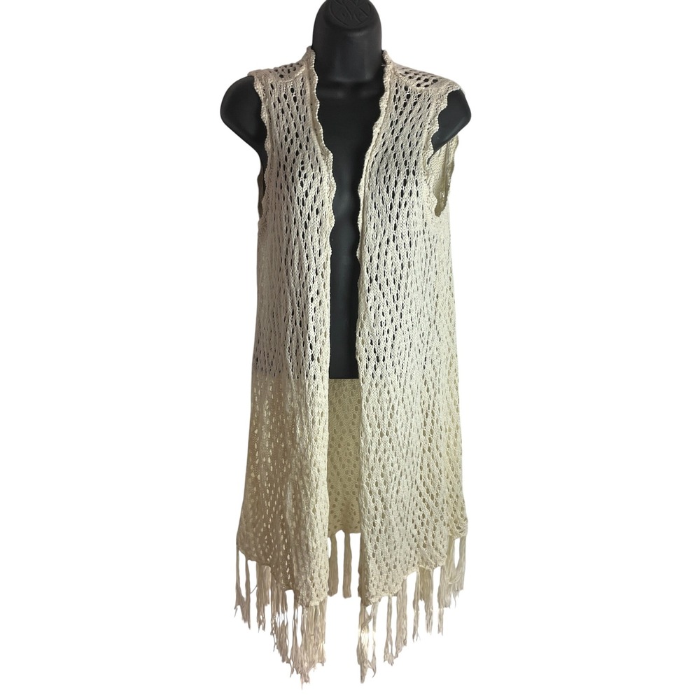 Womens Crocheted Fringe Vest Duster Size L Cream Boho Festival Granny Layering